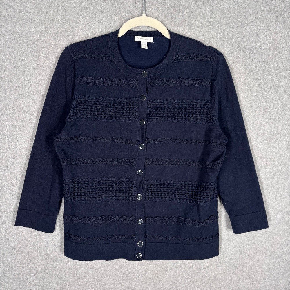 Charter Club Lace Crochet Knit Cardigan Sweater Large Navy Blue Preppy Thin